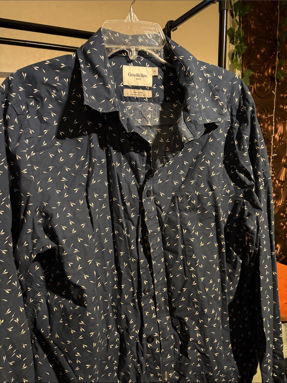 Goodfellow & Co Navy Button-Down Shirt with White Micro Leaf Print